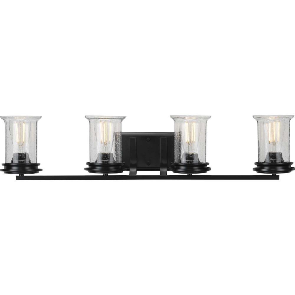 Winslett Collection Four-Light Matte Black Clear Seeded Glass Coastal Bath Vanity Light