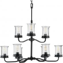 Progress P400208-031 - Winslett Collection Nine-Light Matte Black Clear Seeded Glass Coastal Chandelier Light