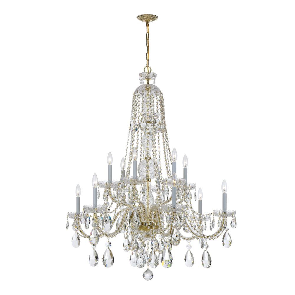 Traditional Crystal 12 Light Hand Cut Crystal Polished Brass Chandelier