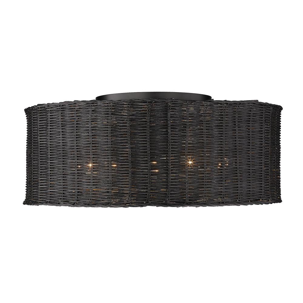 Erma 5 Light Flush Mount in Matte Black with Black Wicker Shade