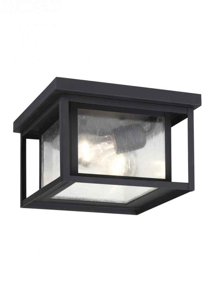 Hunnington contemporary 2-light outdoor exterior ceiling flush mount in black finish with clear seed