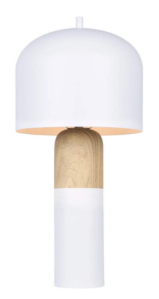 CALEB 19 in. Matte White & Faux Wood Table Lamp with Matte White Metal Shade and Line Switch